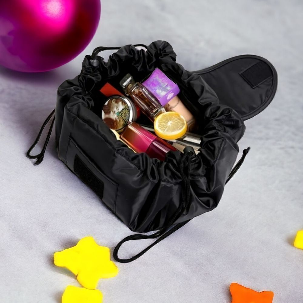 Drawstring Makeup Bag Lay Flat Cosmetic Organizer Travel Toiletry Pouch Black